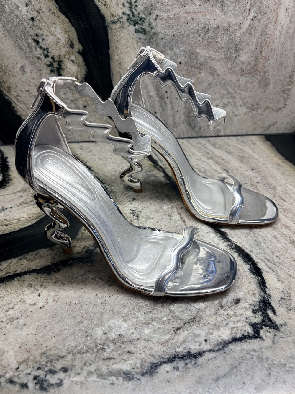 Azzalea Wang Wiggly Silver Sculptural Heel Sandals 7.5 Metallic  Statement Heels